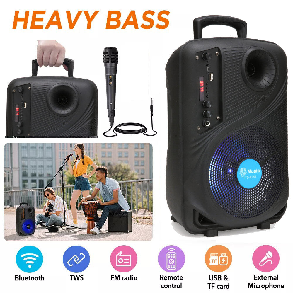 8 In Portable Bluetooth Speaker With Mic Subwoofer Heavy Bass Sound System Party