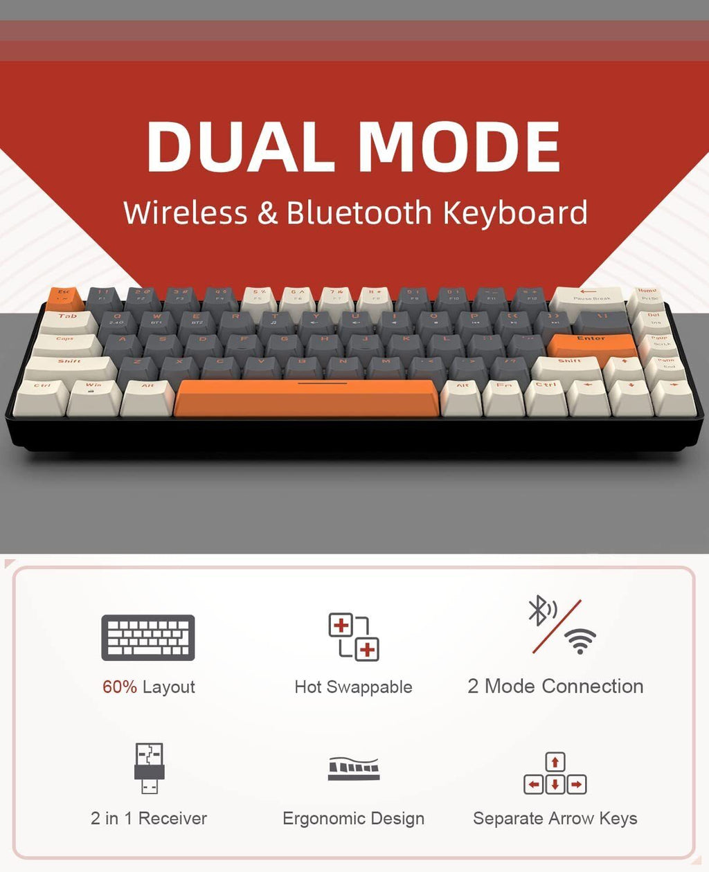 Wireless Bluetooth Mechanical Keyboard,Dual Interface   Type C& USB   For Phone--Milkshake-Red