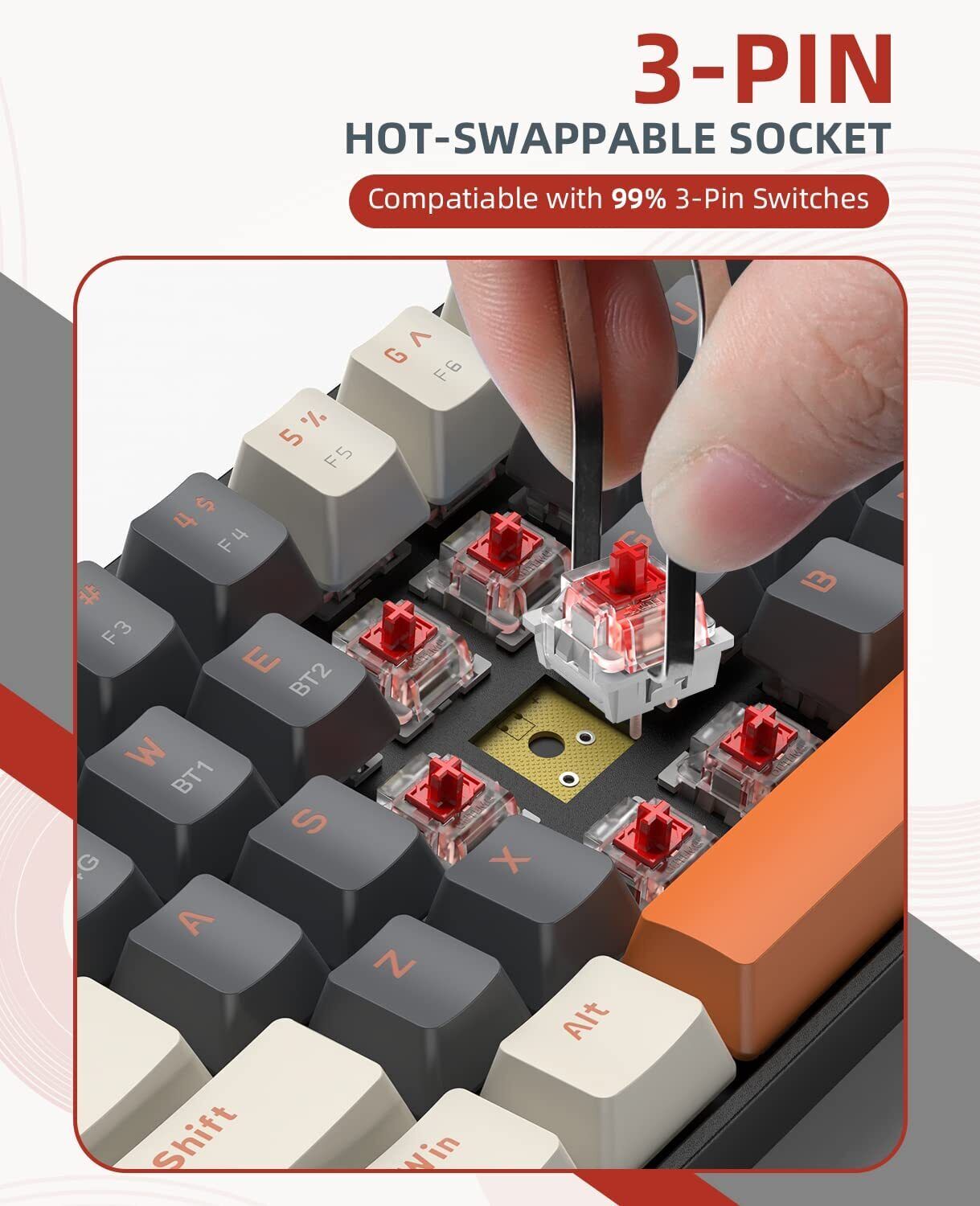 Wireless Bluetooth Mechanical Keyboard,Dual Interface   Type C& USB   For Phone--Milkshake-Red
