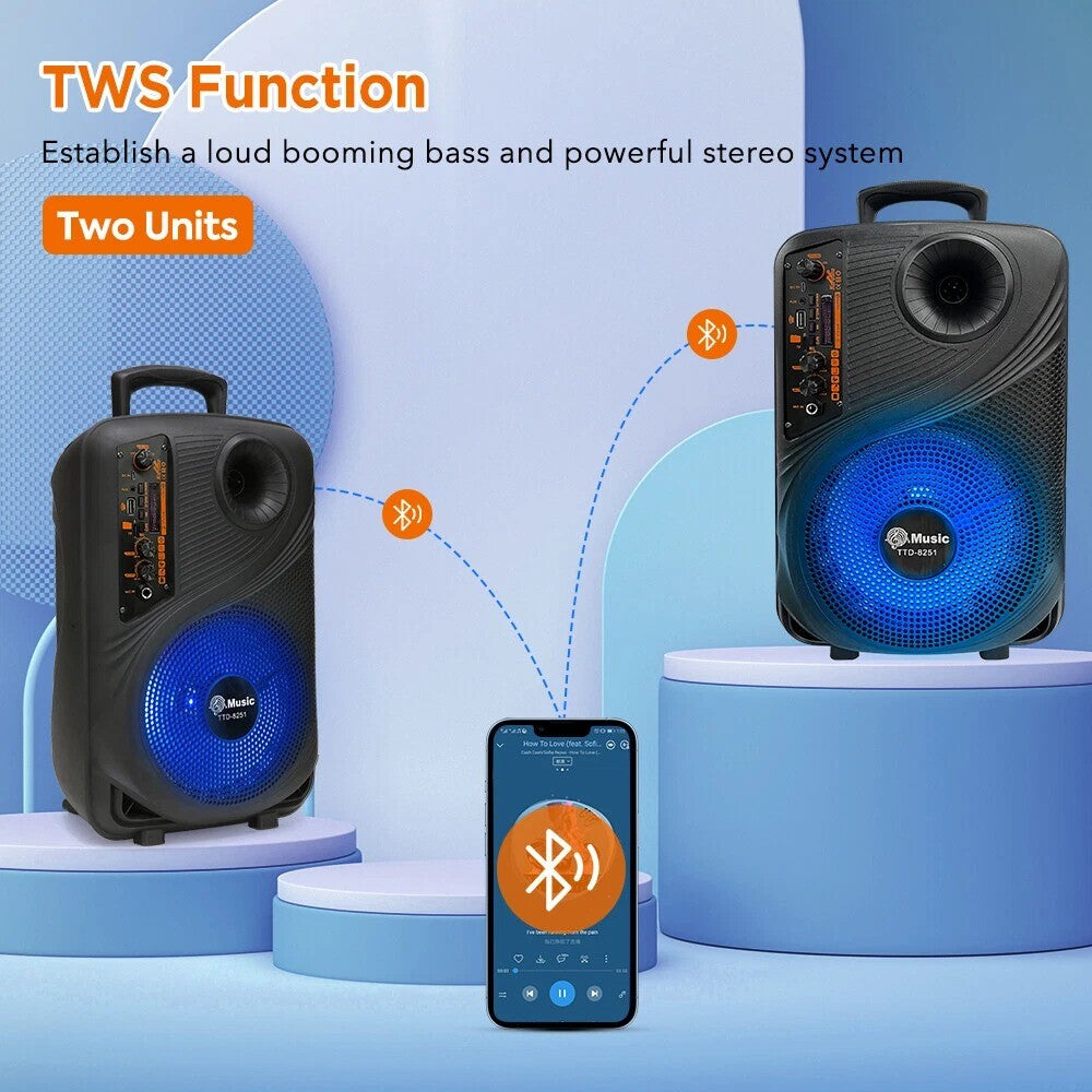 8 In Portable Bluetooth Speaker With Mic Subwoofer Heavy Bass Sound System Party