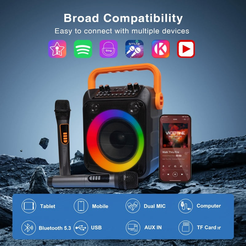 Karaoke Machine With 2 Wireless Microphones And RGB Color Lights,Karaoke Speaker Supports