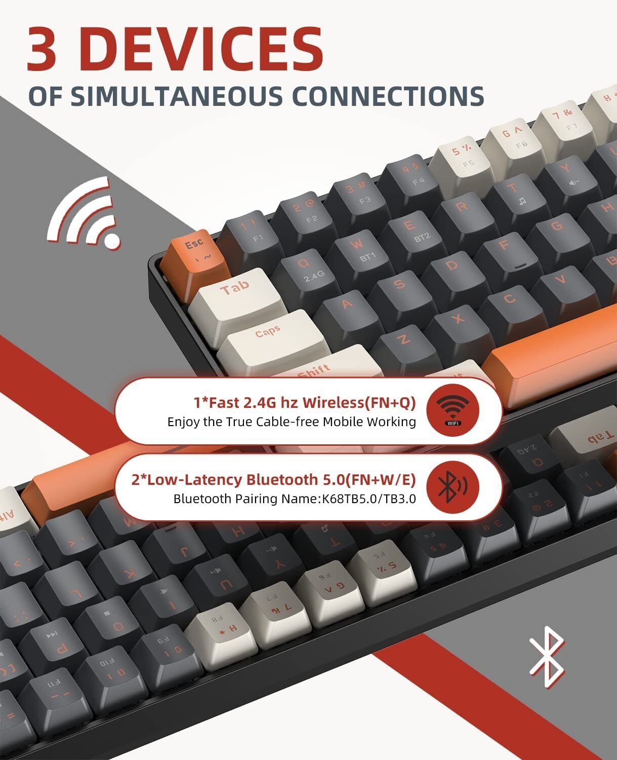 Wireless Bluetooth Mechanical Keyboard,Dual Interface   Type C& USB   For Phone--Milkshake-Red